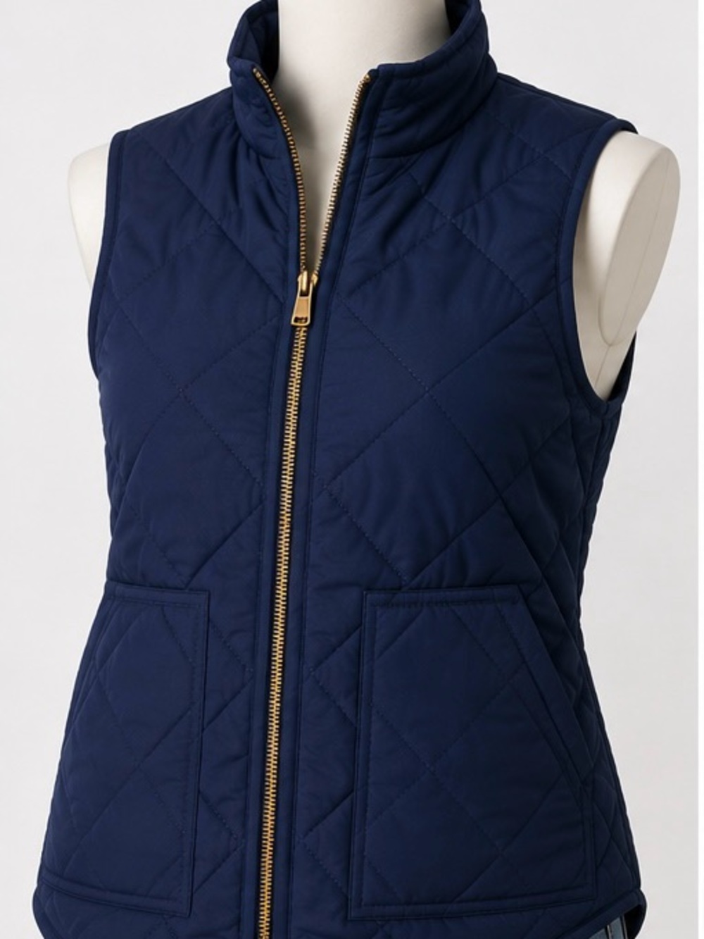J. Crew Navy Quilted Sleeveless Zip Vest with Gold Zip